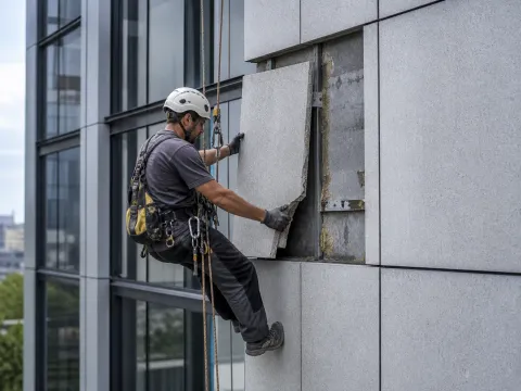 Montaj de plăci pe fațadă — alpinism utilitar