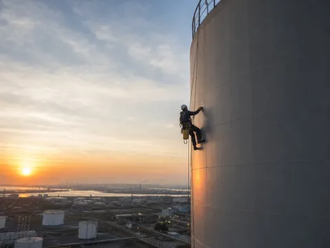 Intervenție pe rezervor industrial, la apus — alpinism utilitar industrial