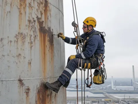 Inspecție pe un rezervor ruginit — alpinism utilitar industrial