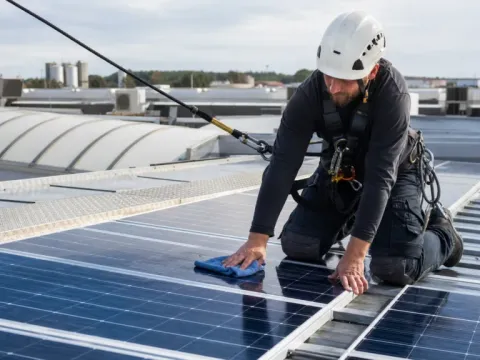 Curățare de panouri solare pe acoperiș — lucrări la înălțime