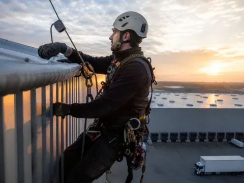 Intervenție pe marginea acoperișului unei hale — alpinism utilitar industrial