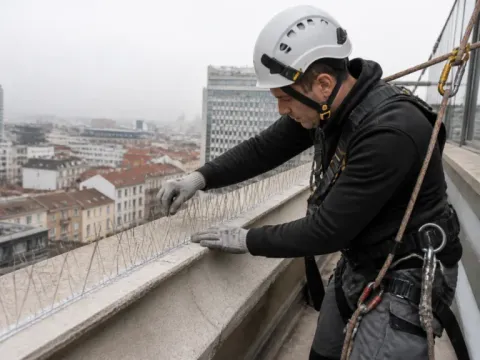 Montaj de țepi anti-păsări pe cornișă — alpinism utilitar
