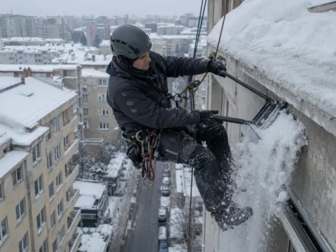 Îndepărtare de zăpadă de pe cornișa unui bloc — intervenții de iarnă