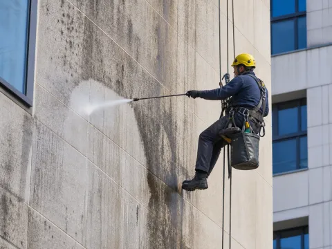 Spălare sub presiune a unei fațade de beton — alpinism utilitar