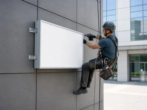 Montaj de casetă publicitară pe fațadă — lucrări la înălțime